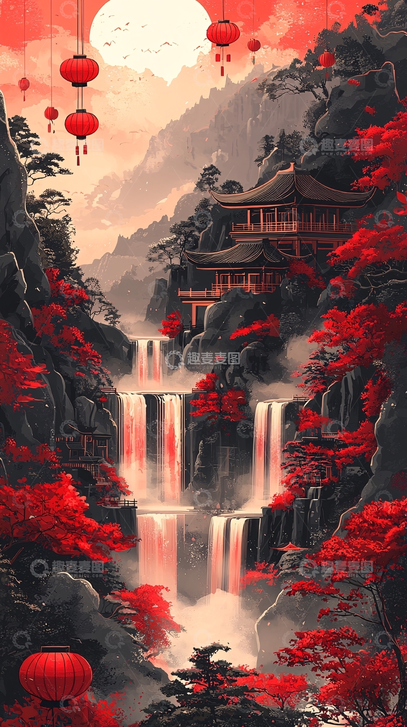 高清大图下载【趣麦麦图】红色山水瀑布灯笼画风