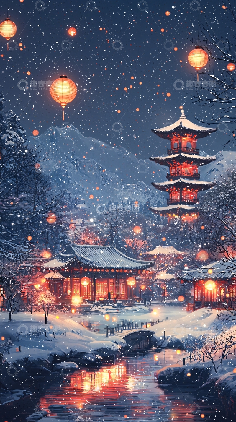 高清大图下载【趣麦麦图】冬夜雪景中国风