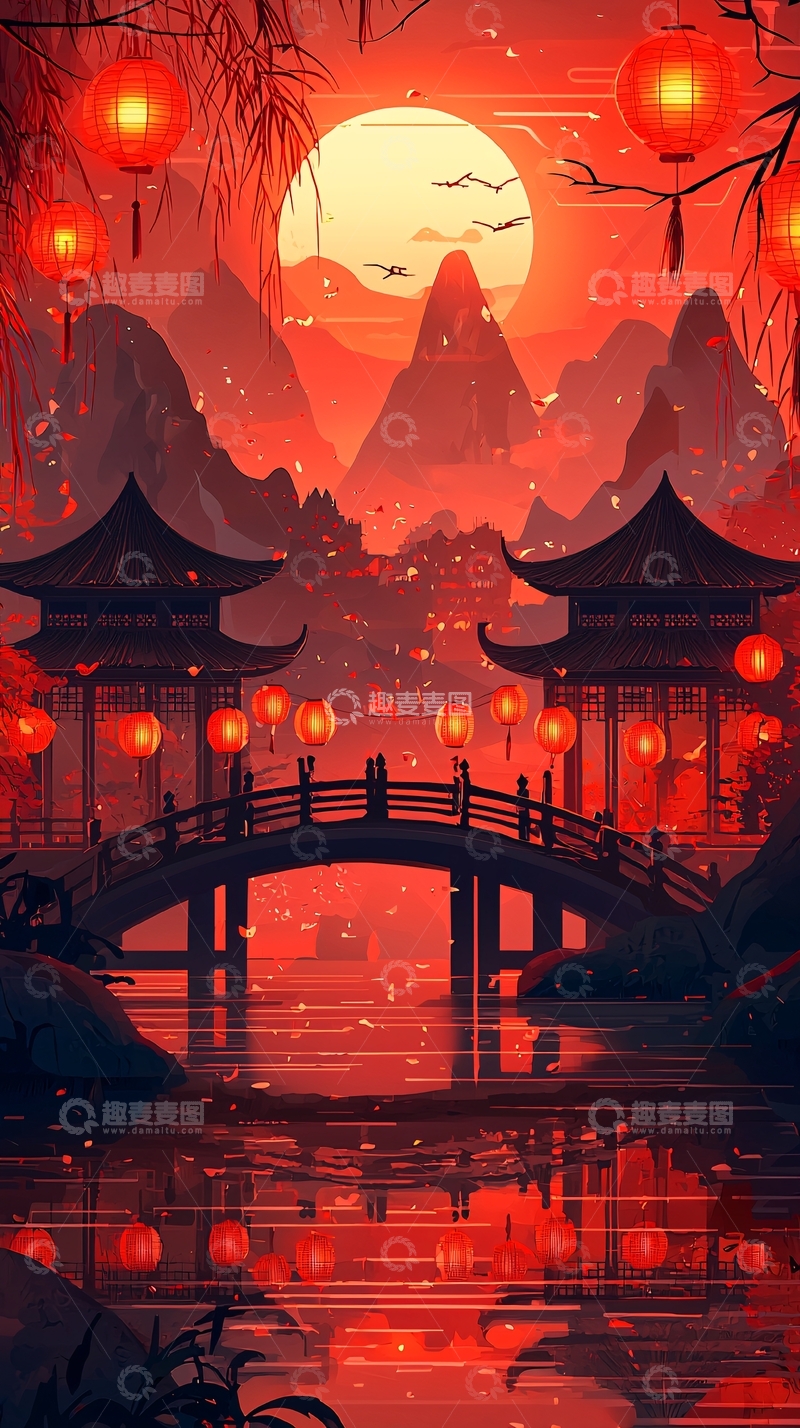 高清大图下载【趣麦麦图】红日下的中国古桥