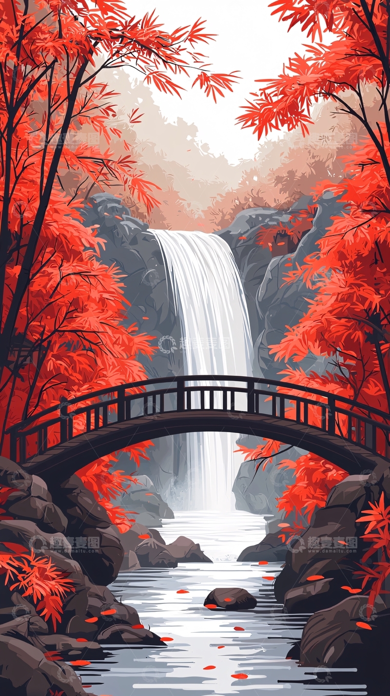 高清大图下载【趣麦麦图】红色枫叶瀑布小桥