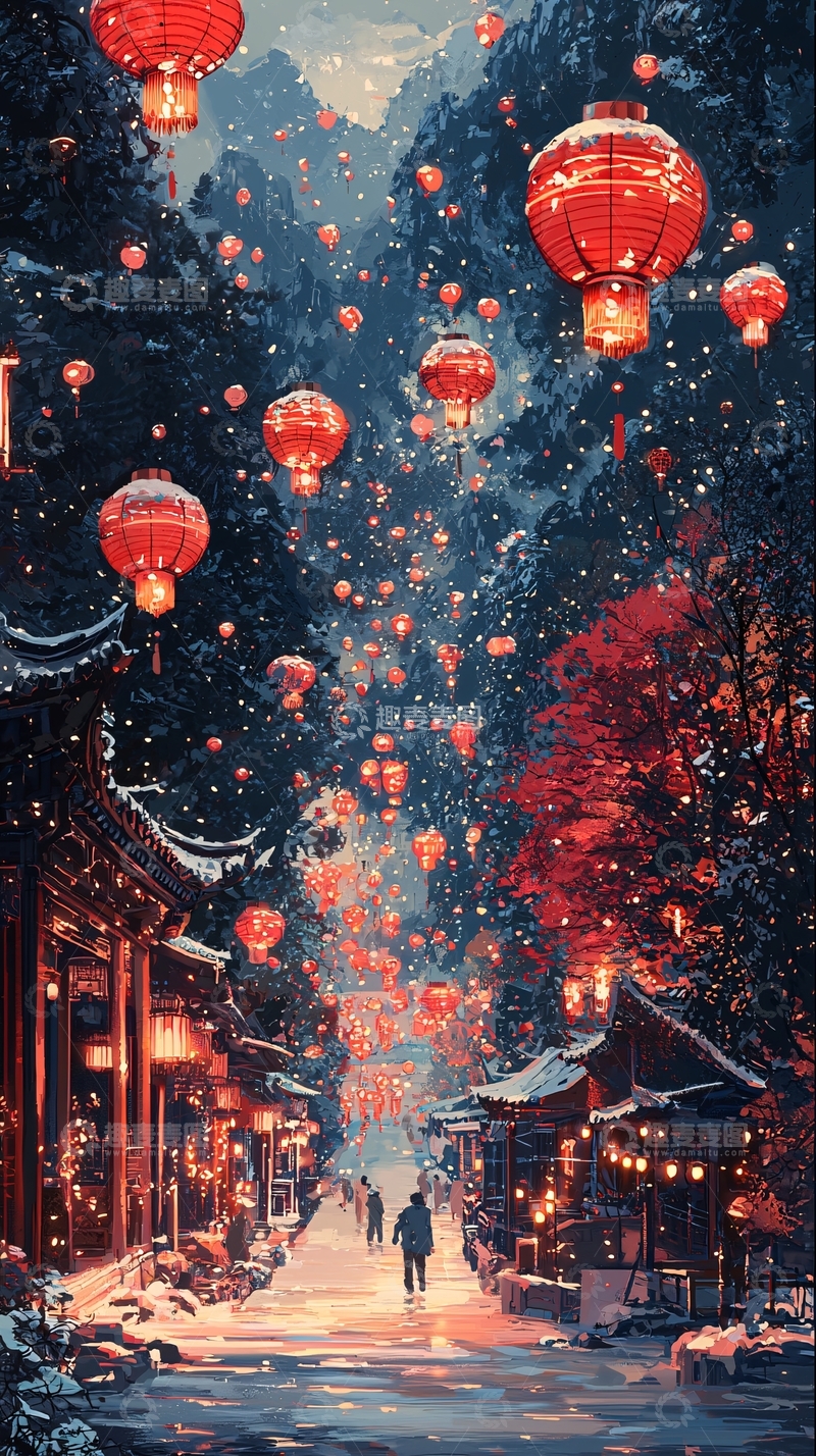 高清大图下载【趣麦麦图】中国风雪夜灯笼小镇