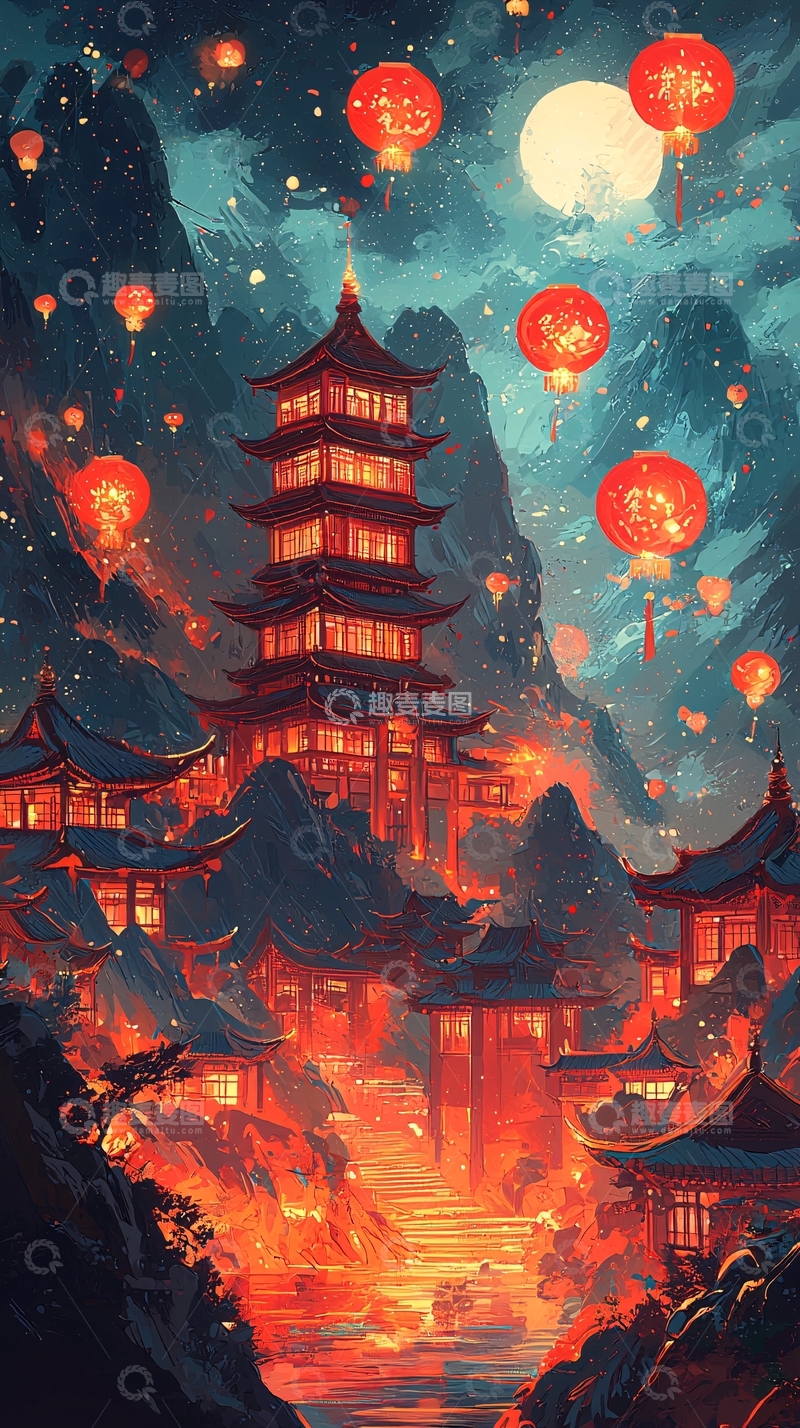 高清大图下载【趣麦麦图】中国风夜晚灯笼下的塔
