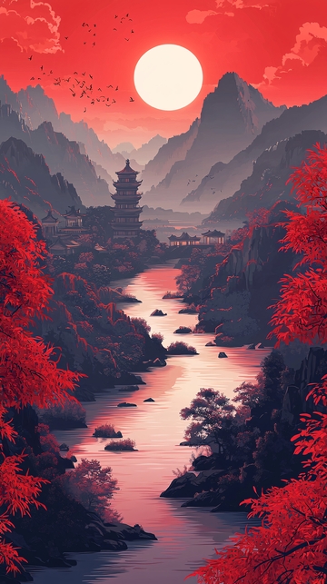 红日山河古塔图