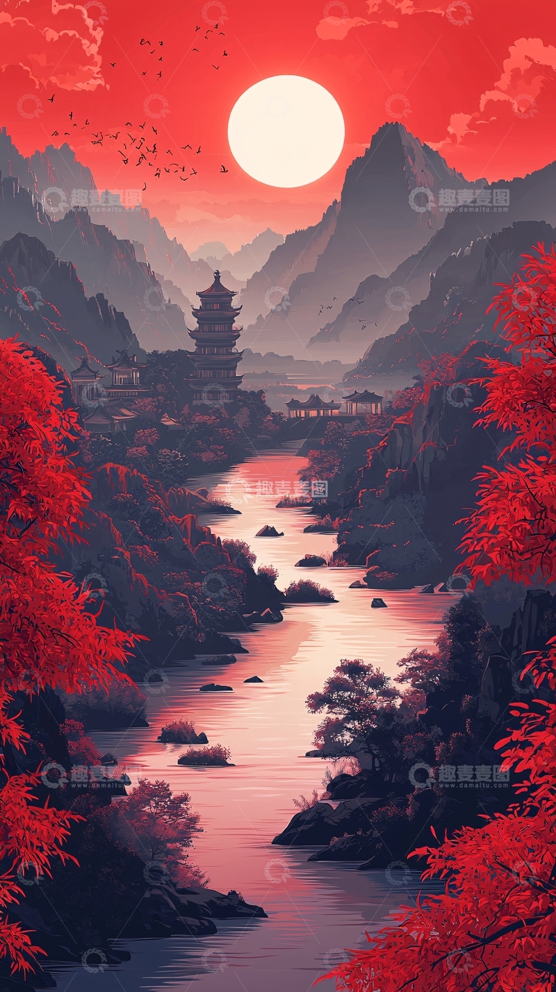 高清大图下载【趣麦麦图】红日山河古塔图