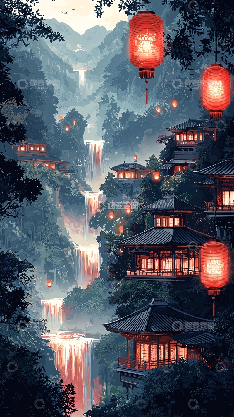 高清大图下载【趣麦麦图】山间古风建筑红灯笼瀑布