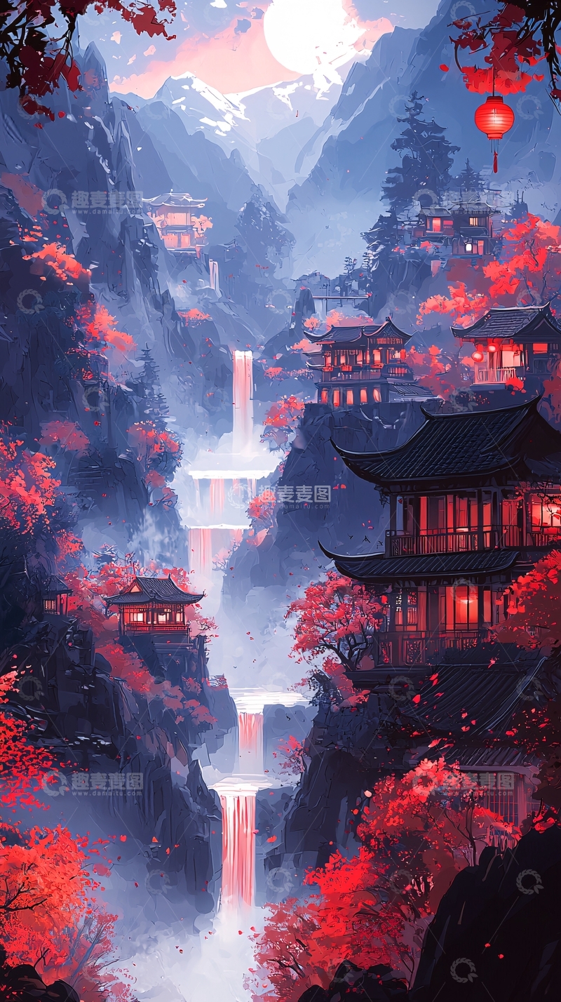 高清大图下载【趣麦麦图】红叶掩映下的山间古建筑