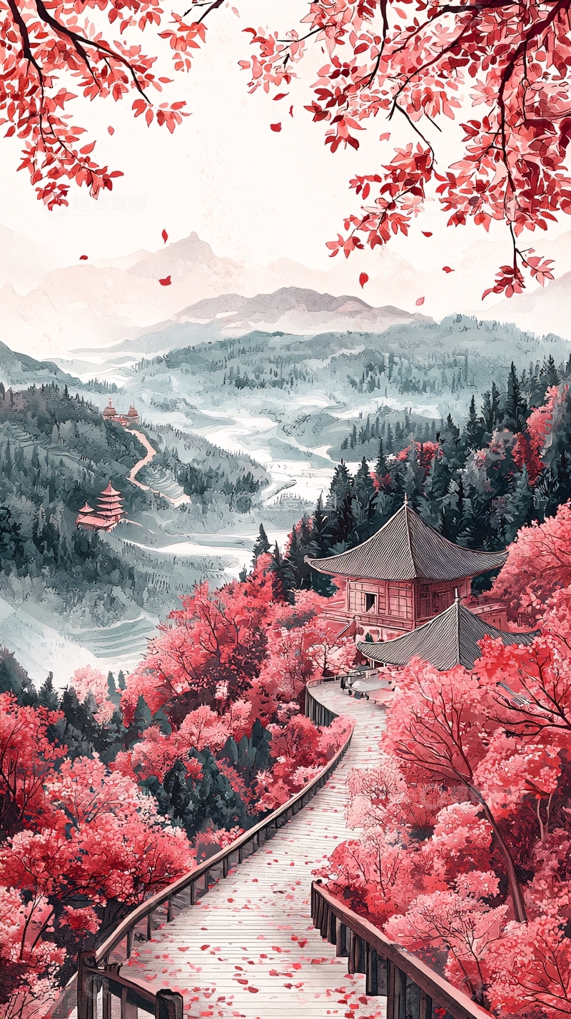 高清大图下载【趣麦麦图】粉色樱花点缀的山水画卷