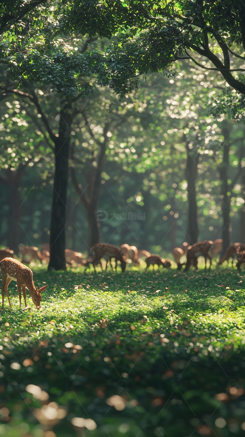 高清大图下载【趣麦麦图】阳光下鹿群在森林里吃草