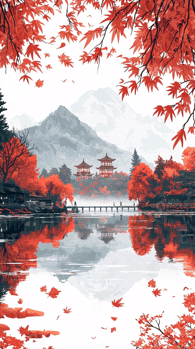 高清大图下载【趣麦麦图】红叶枫叶秋景山水画