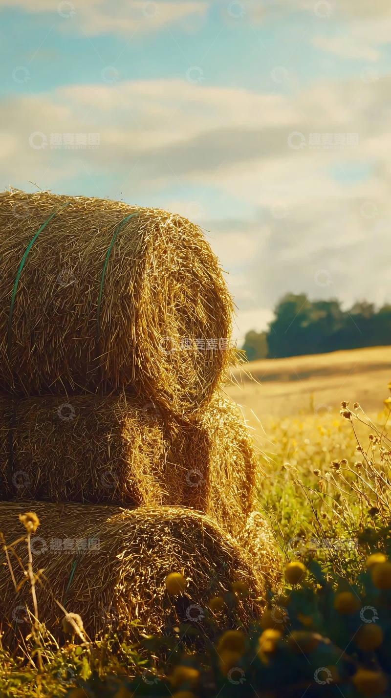 高清大图下载【趣麦麦图】金色的麦田与干草卷