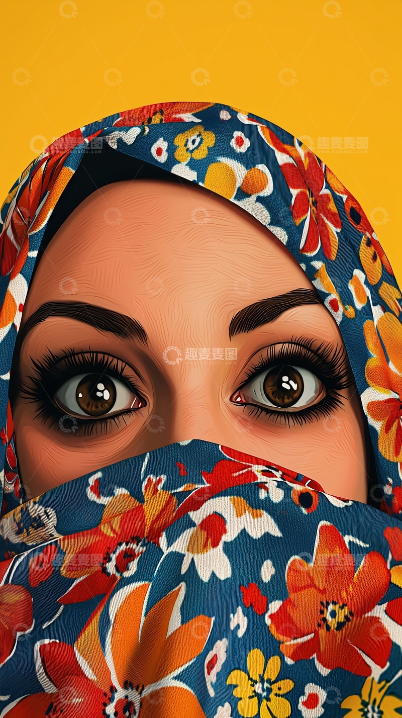 高清大图下载【趣麦麦图】彩色花卉头巾女子