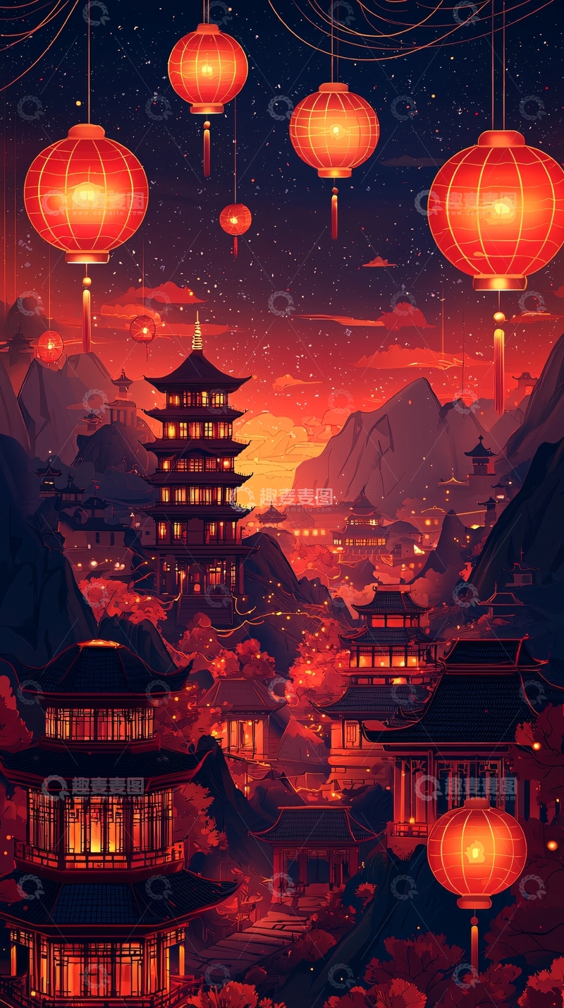 高清大图下载【趣麦麦图】红灯笼山景夜景图
