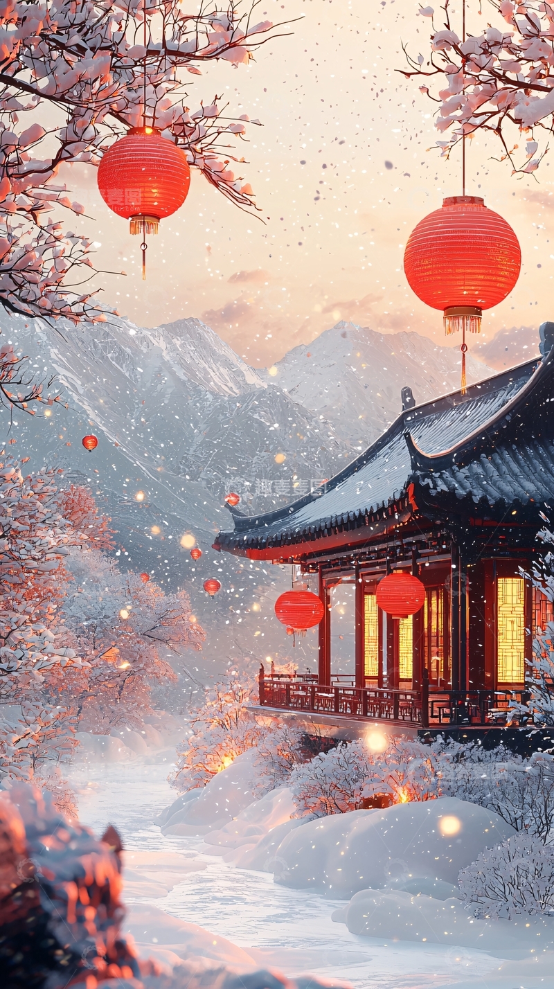 高清大图下载【趣麦麦图】雪景中的中式建筑和红灯笼