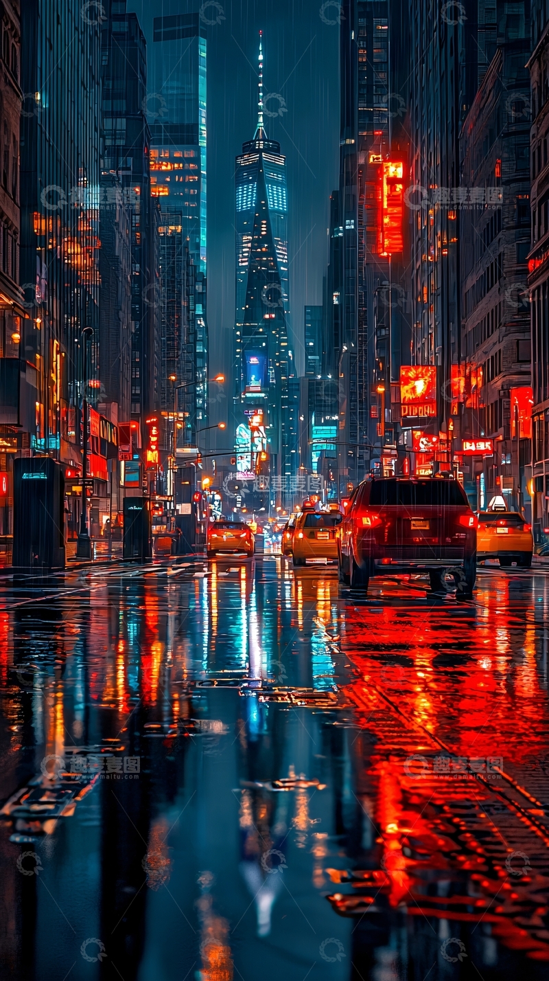 高清大图下载【趣麦麦图】纽约夜景雨夜街道