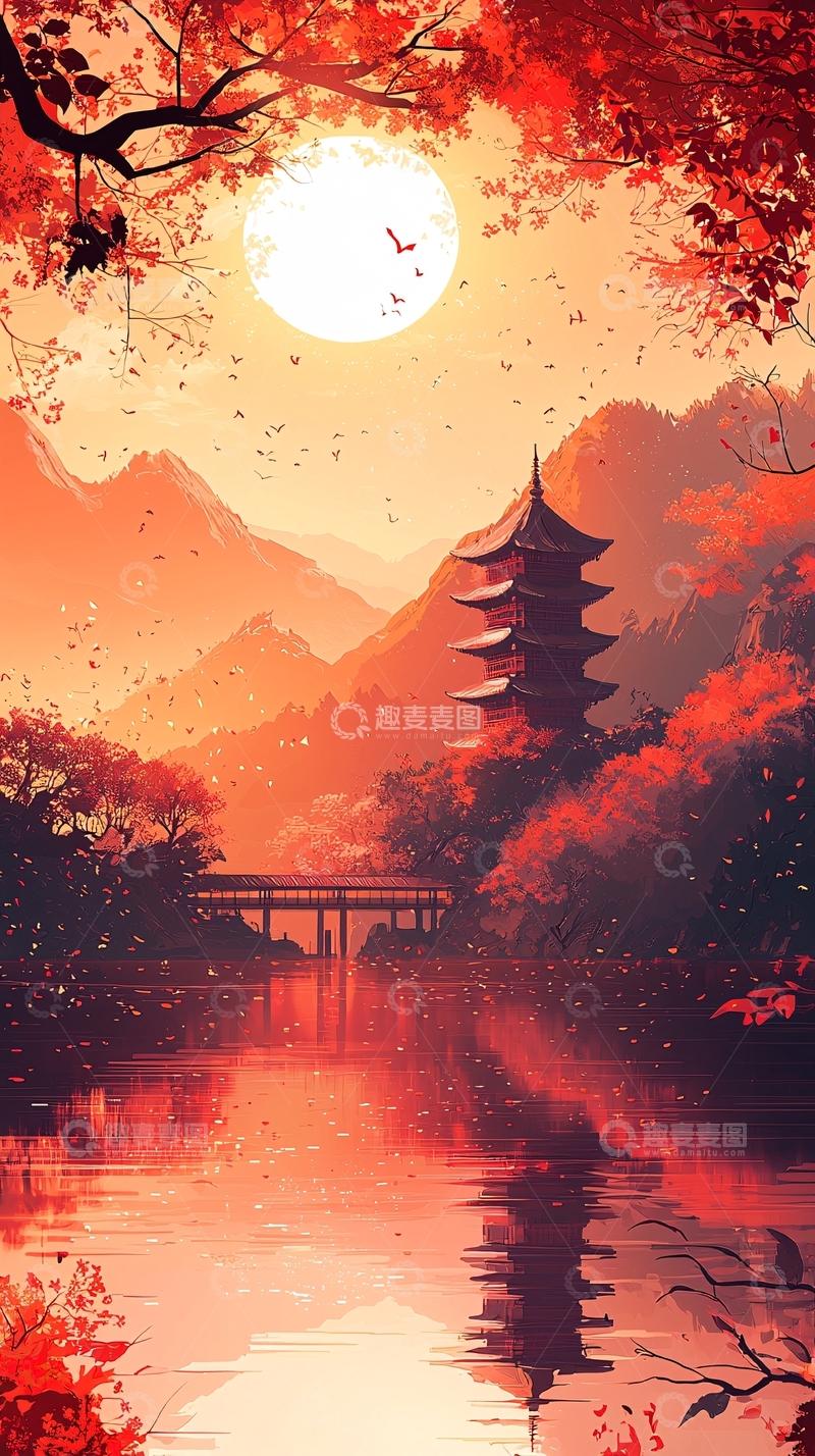 高清大图下载【趣麦麦图】日式秋景塔楼湖面倒影