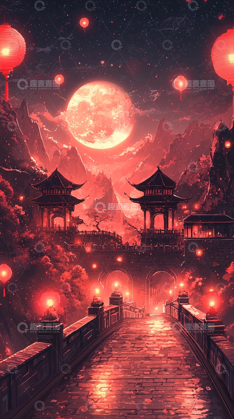 高清大图下载【趣麦麦图】红月山水夜景