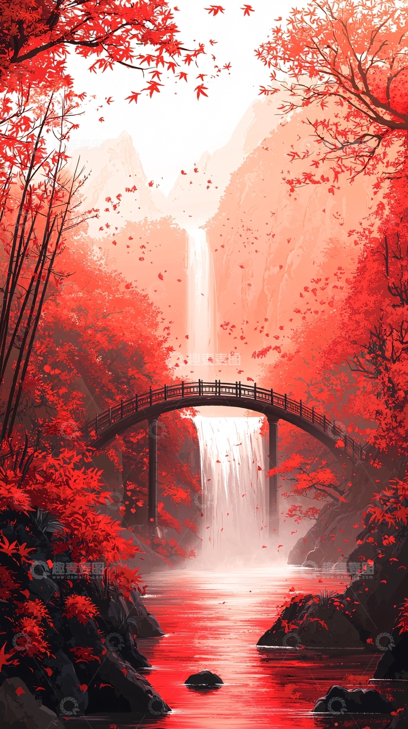 高清大图下载【趣麦麦图】红色枫叶瀑布桥