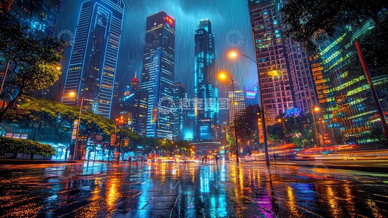 高清大图下载【趣麦麦图】雨夜都市夜景