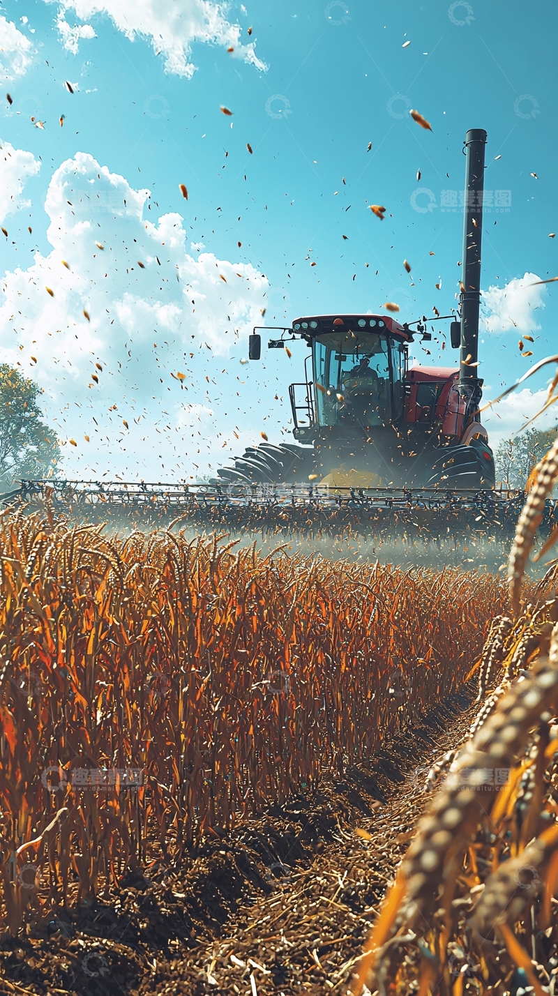 高清大图下载【趣麦麦图】收割机在麦田里作业