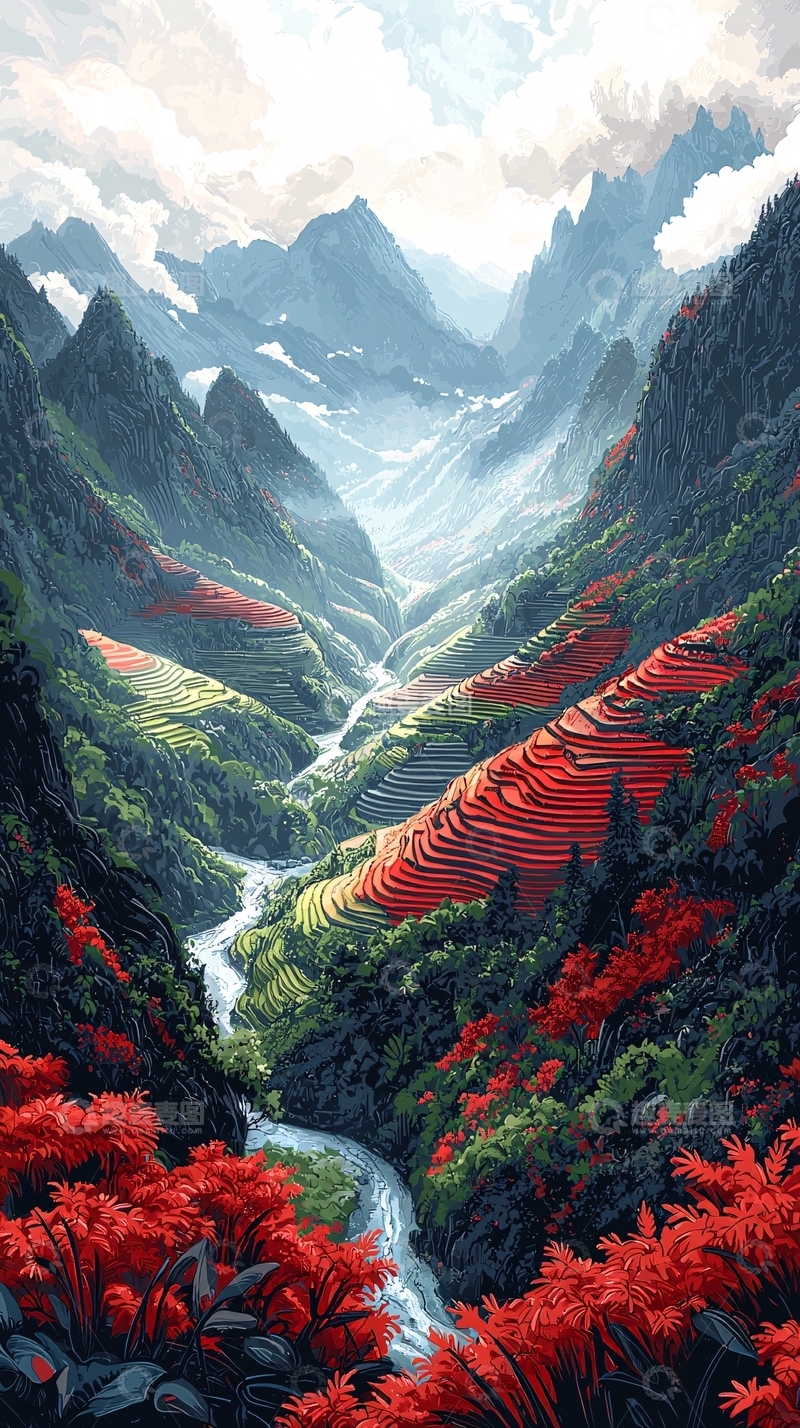 高清大图下载【趣麦麦图】山间梯田河流风景如画