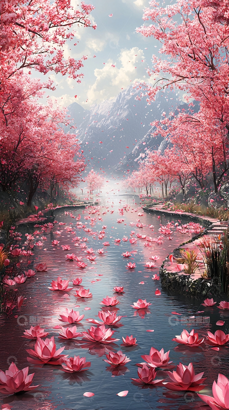 高清大图下载【趣麦麦图】粉色樱花飘落水面