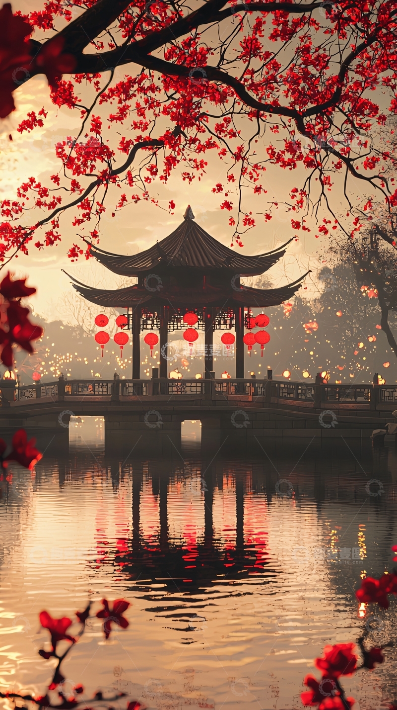 高清大图下载【趣麦麦图】红枫亭桥倒影