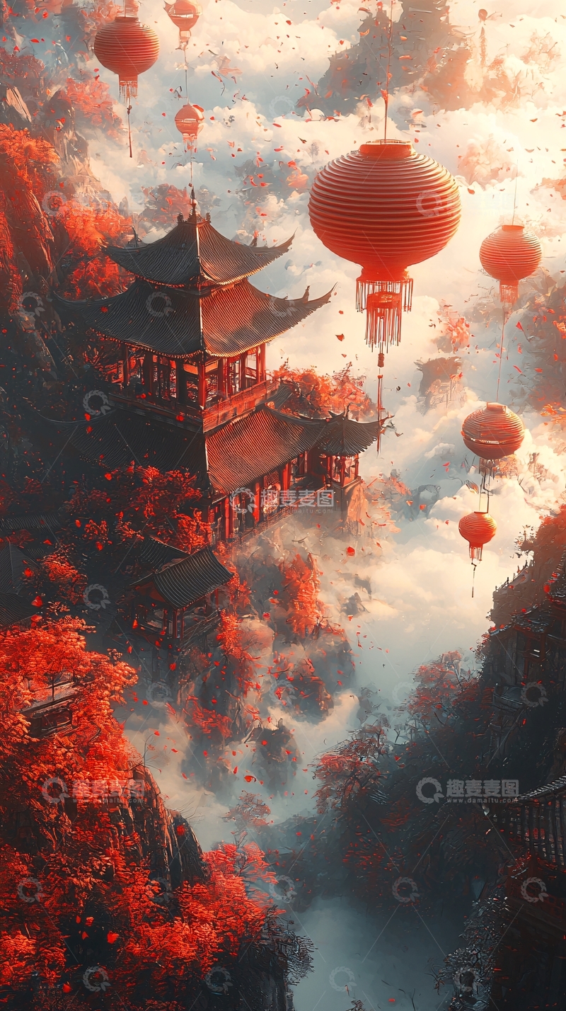 高清大图下载【趣麦麦图】红色灯笼下的古风建筑