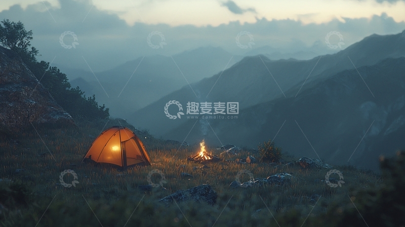 高清大图下载【趣麦麦图】山谷营地篝火晚霞