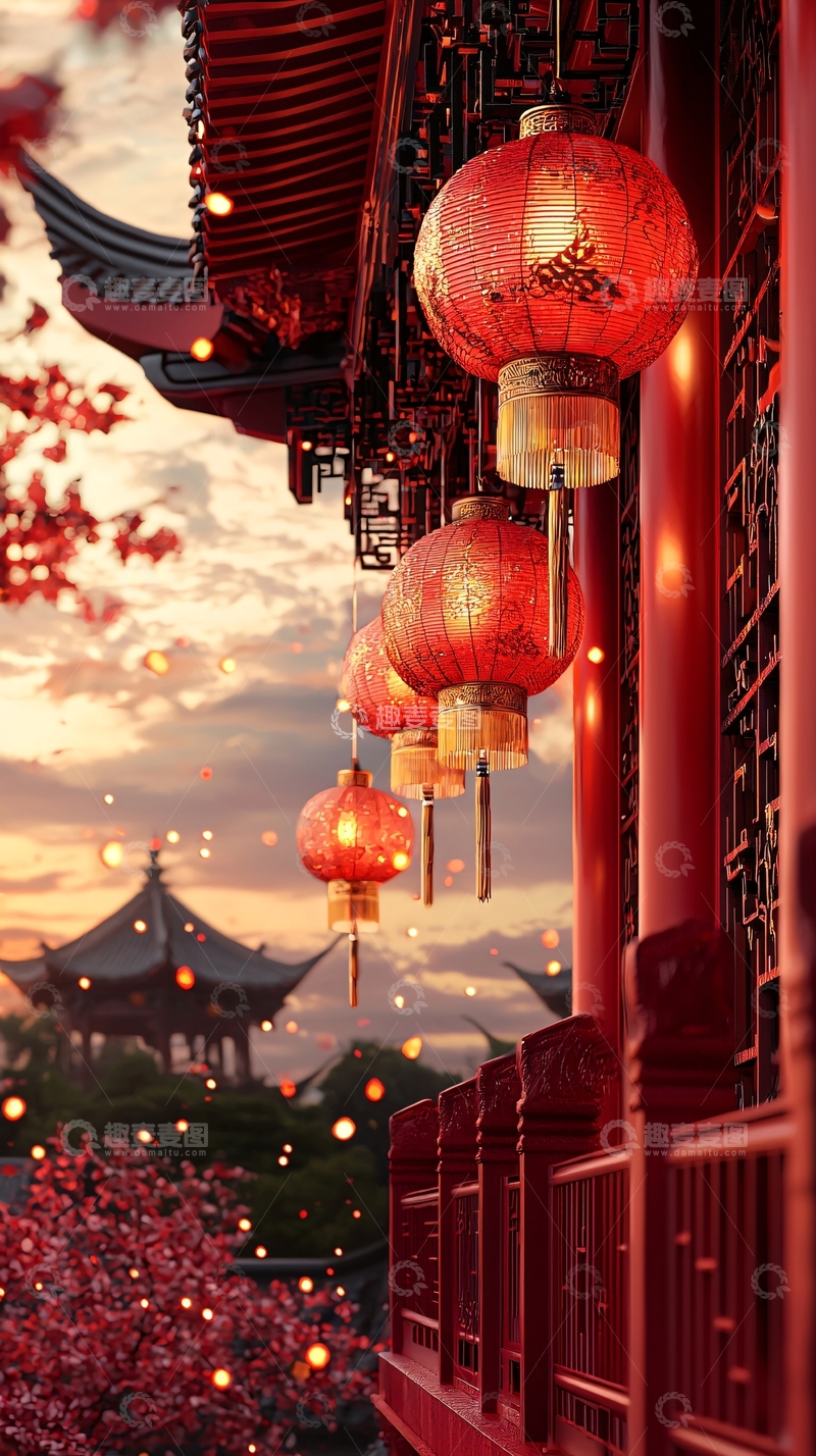高清大图下载【趣麦麦图】红色灯笼悬挂在传统建筑上