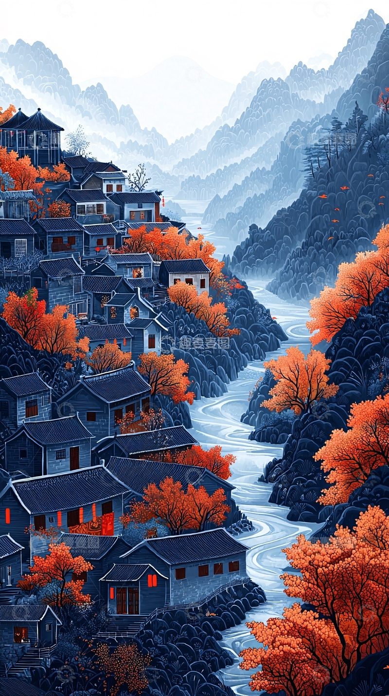 高清大图下载【趣麦麦图】秋山红叶水墨画