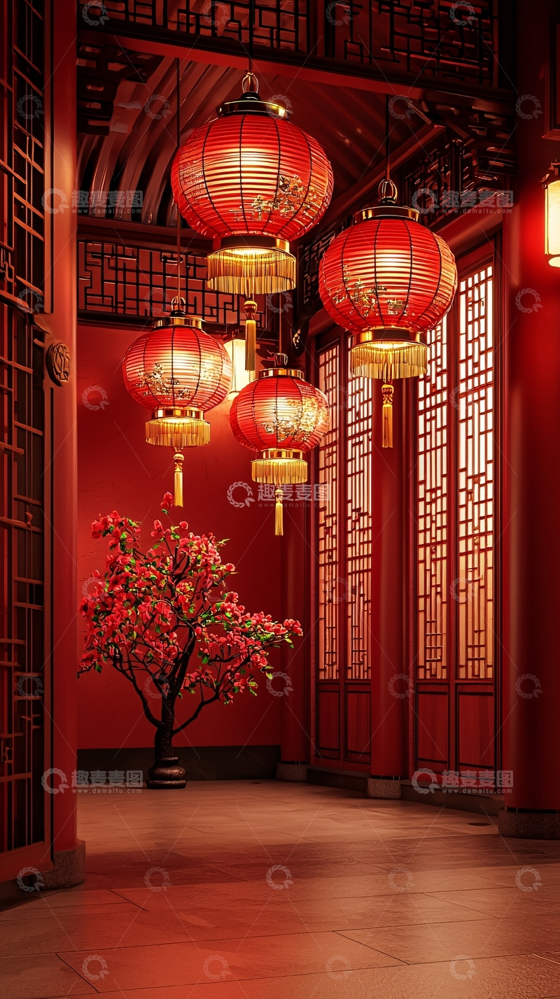 高清大图下载【趣麦麦图】中式红灯笼走廊