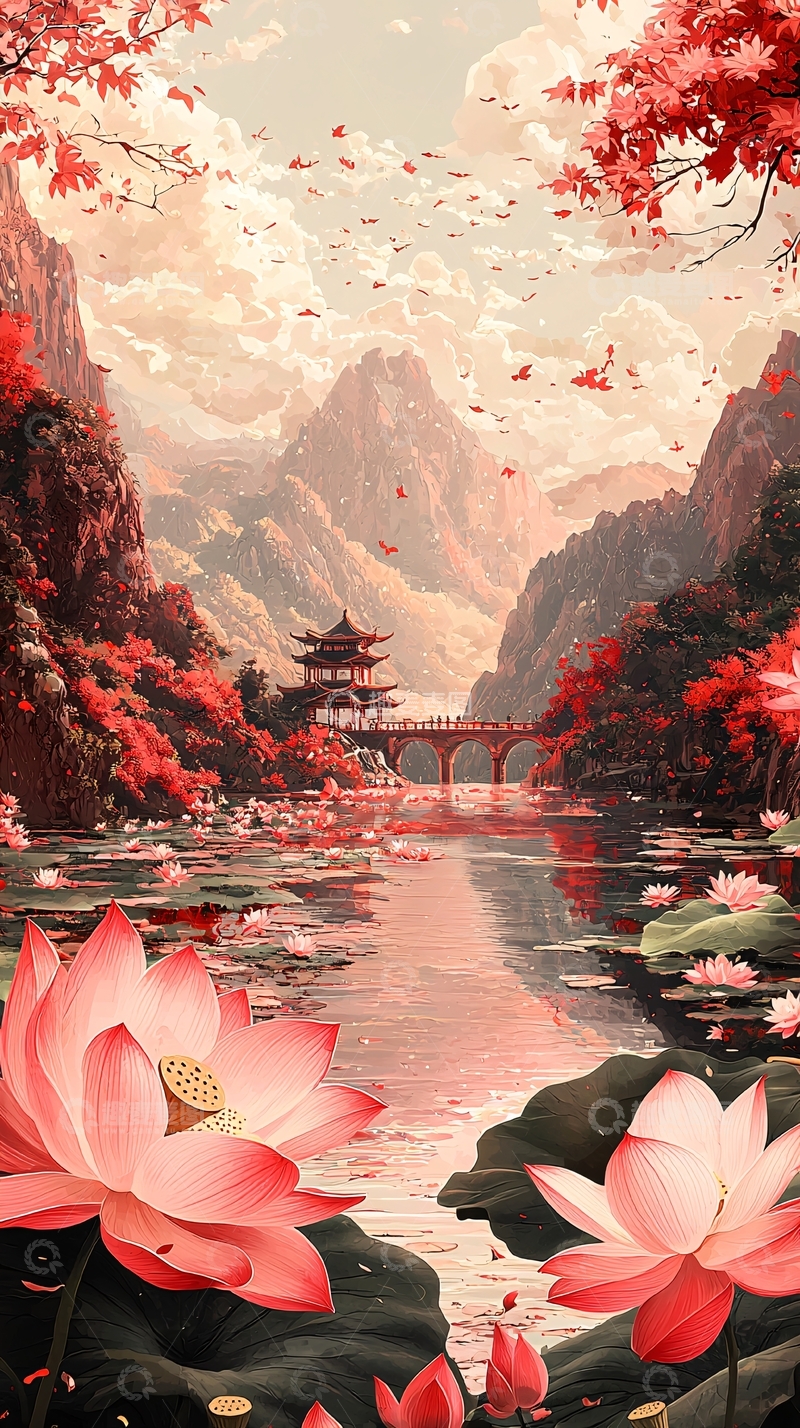 高清大图下载【趣麦麦图】粉色莲花山水中国风