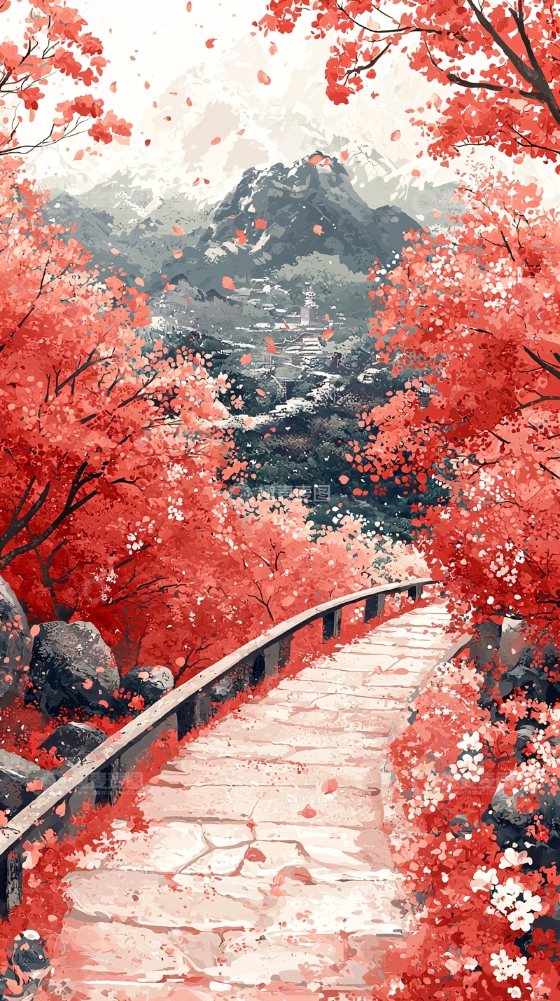 高清大图下载【趣麦麦图】红叶小路山景