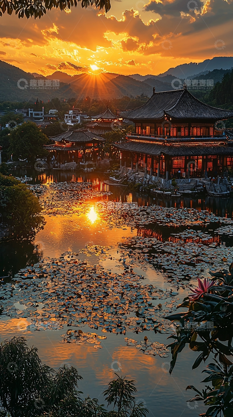 高清大图下载【趣麦麦图】日落下的中式建筑群