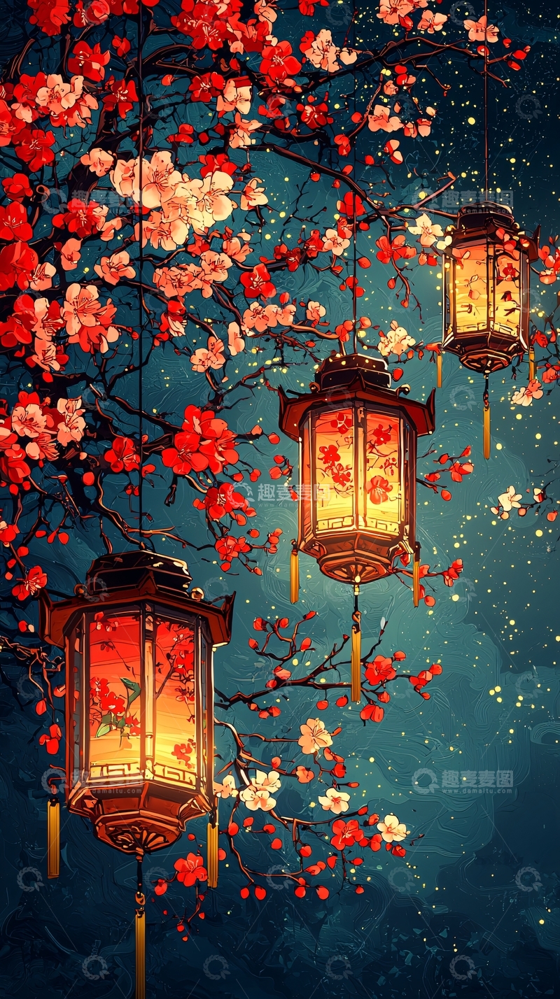 高清大图下载【趣麦麦图】红花灯笼下的夜景