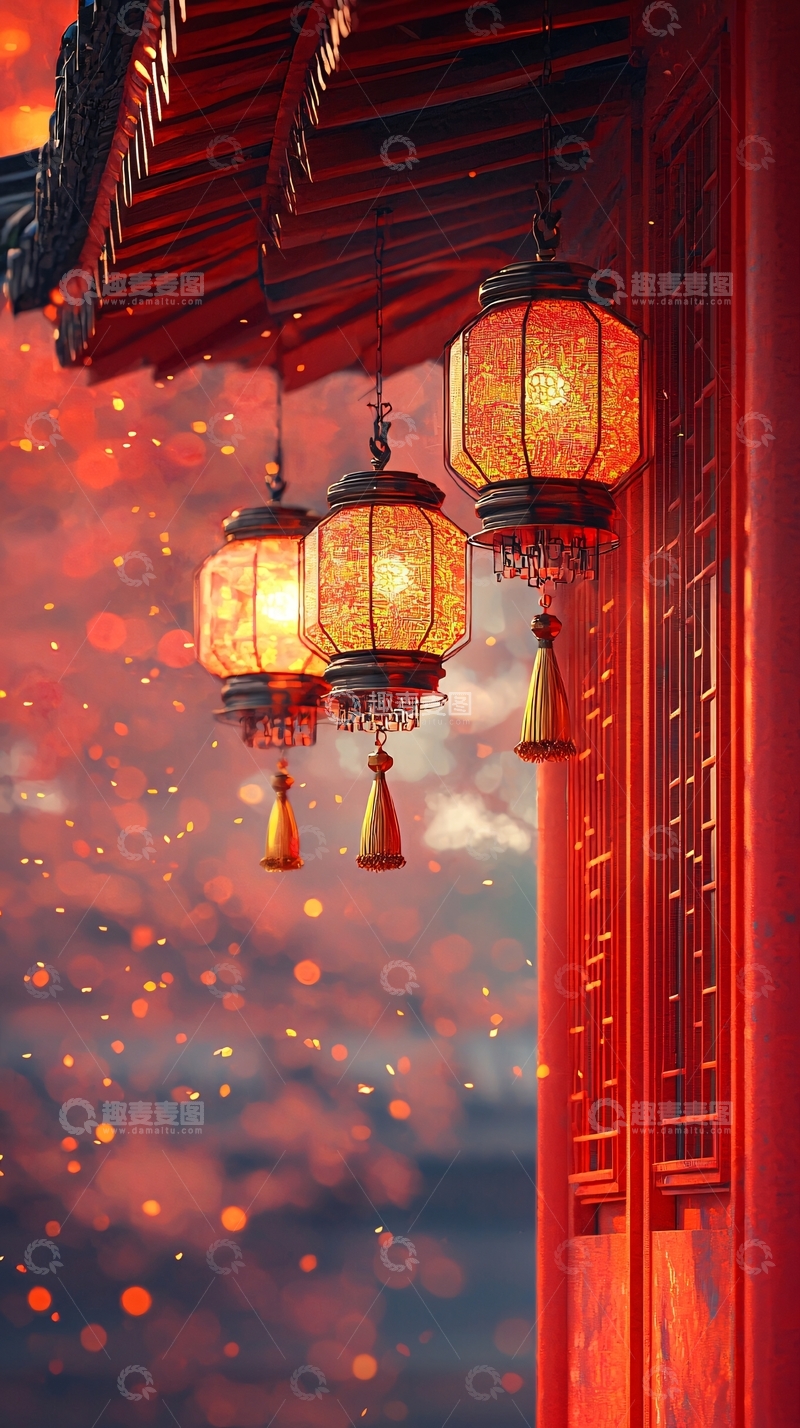 高清大图下载【趣麦麦图】中国风灯笼高挂夜空