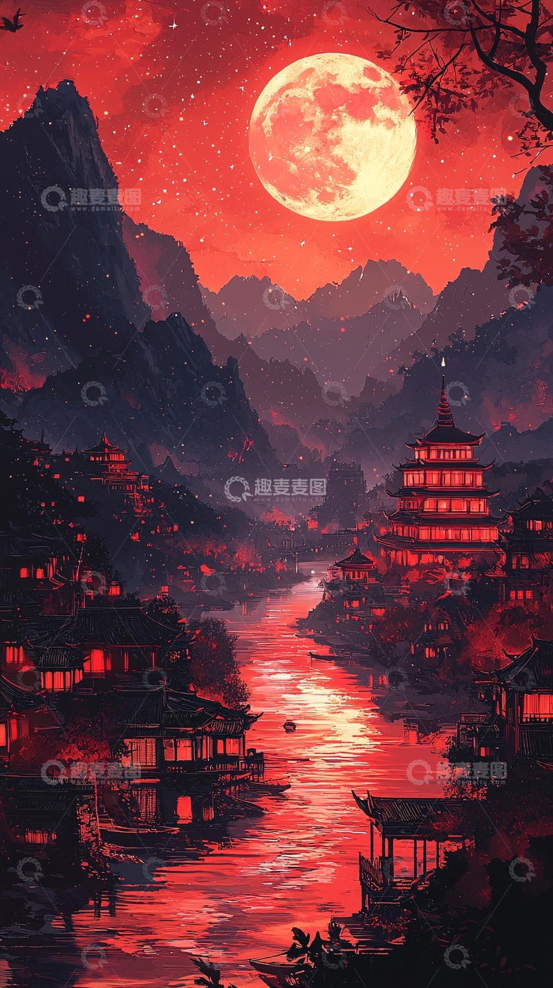 高清大图下载【趣麦麦图】红色调中国风山水月夜