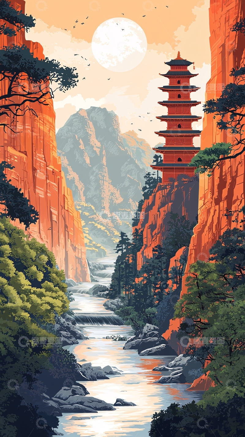 高清大图下载【趣麦麦图】山谷中的红色宝塔