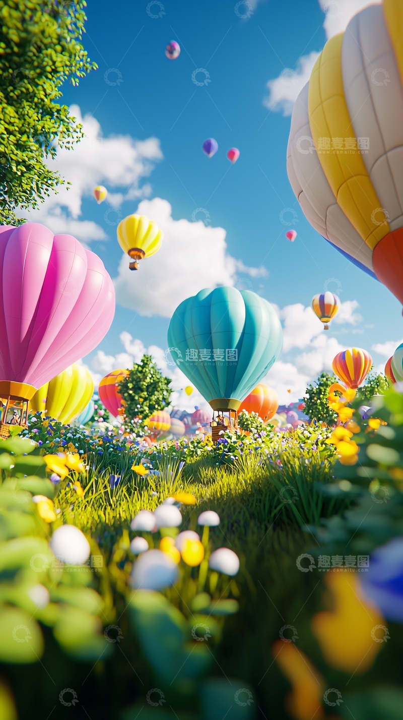 高清大图下载【趣麦麦图】热气球飞跃彩色花田