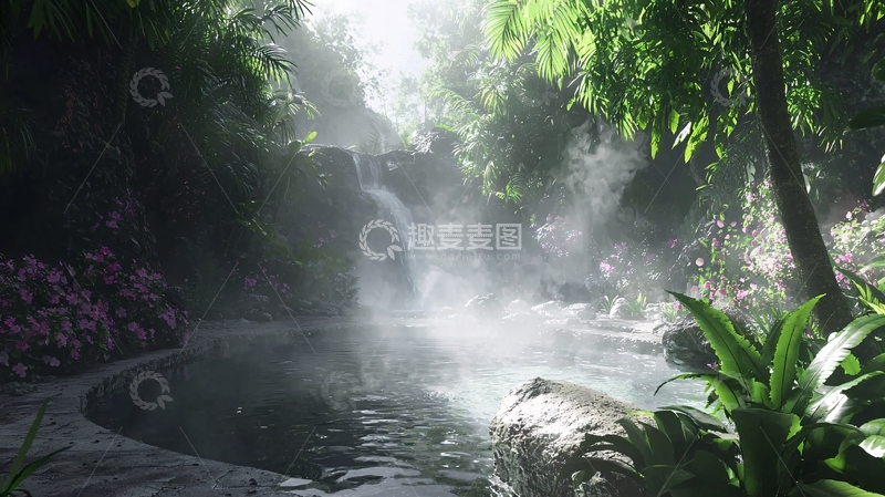 高清大图下载【趣麦麦图】热带雨林温泉瀑布