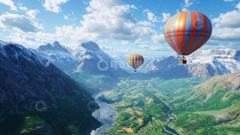 高清大图下载【趣麦麦图】热气球飞跃雪山峡谷