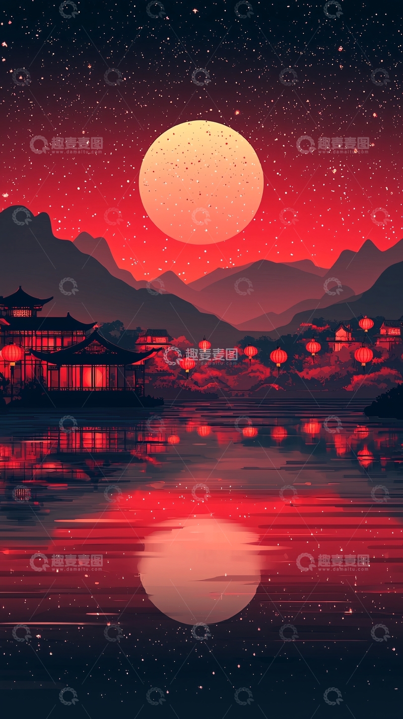 高清大图下载【趣麦麦图】红色夜空下的中国风建筑倒影
