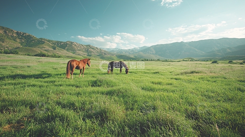 高清大图下载【趣麦麦图】草原上两匹马