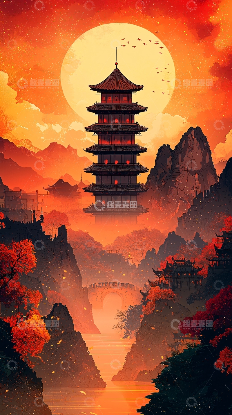 高清大图下载【趣麦麦图】日落下的五层宝塔