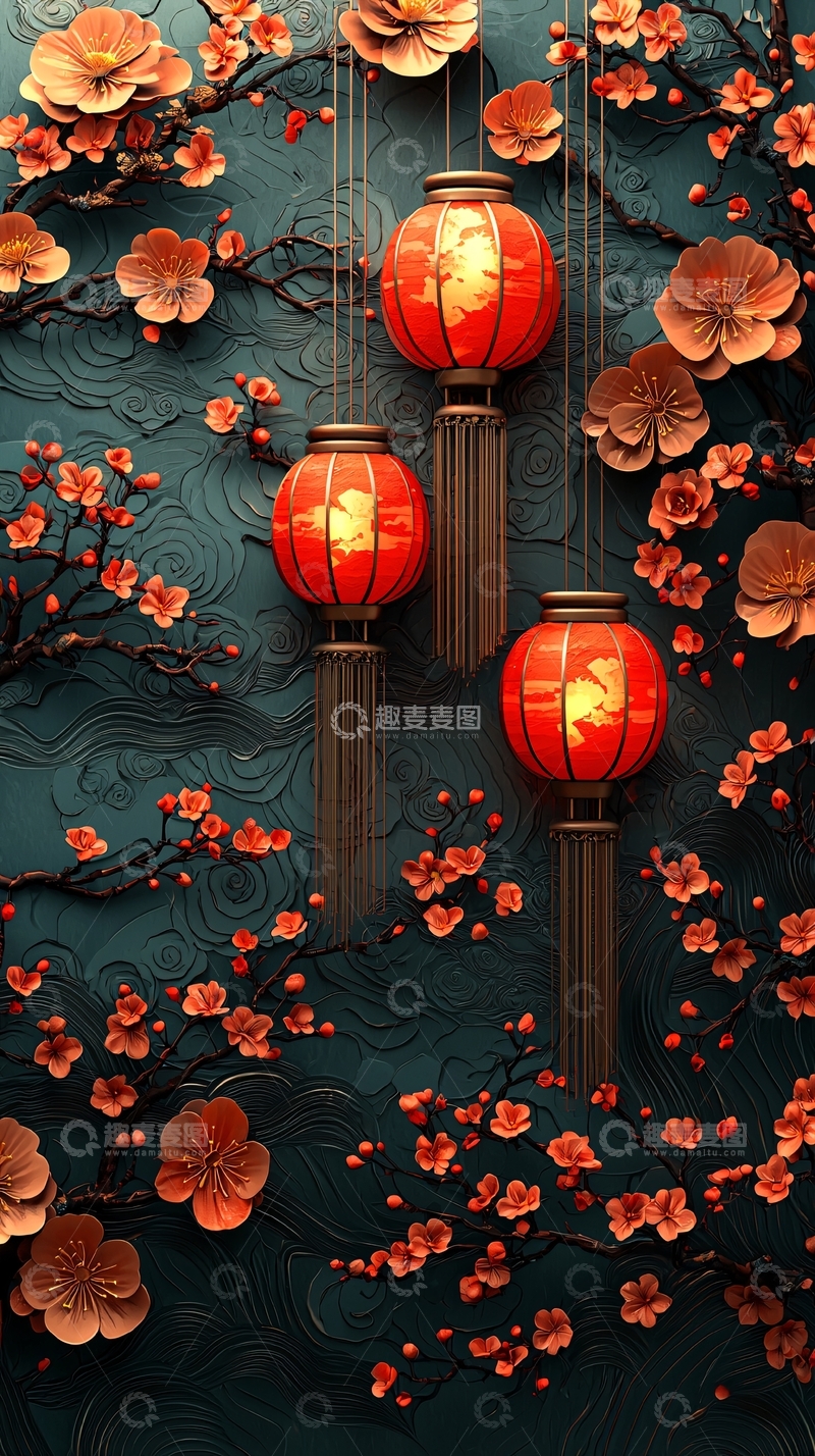 高清大图下载【趣麦麦图】中国风灯笼梅花背景图