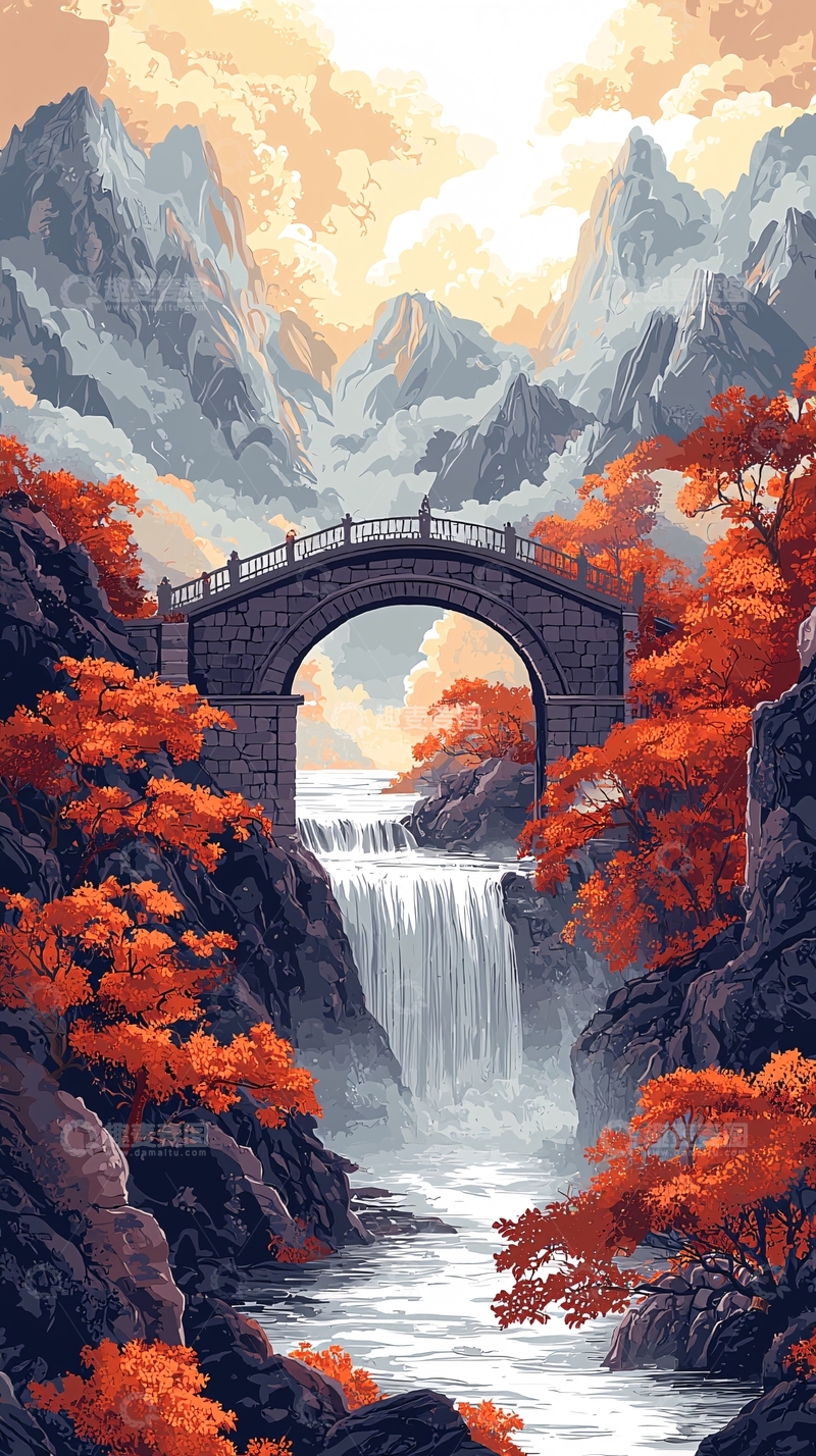 高清大图下载【趣麦麦图】山间石桥流水瀑布的秋日美景