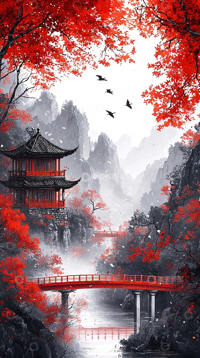 高清大图下载【趣麦麦图】红色古风建筑与山水