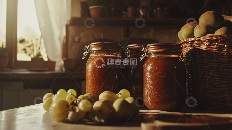 高清大图下载【趣麦麦图】阳光透过窗帘照射在果酱瓶上