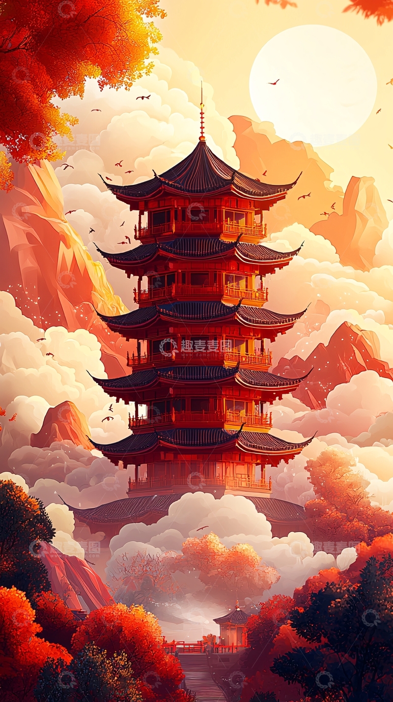 高清大图下载【趣麦麦图】日式塔在云雾缭绕中