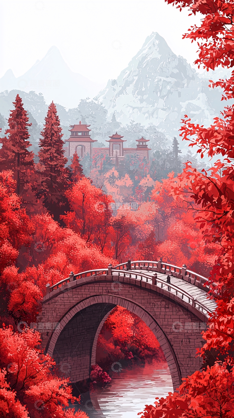 高清大图下载【趣麦麦图】红枫古桥山峦建筑
